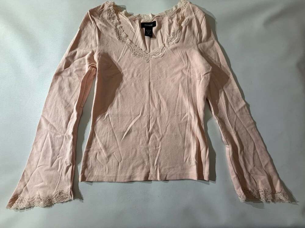 Express Vintage Y2K Pink Lace Trim Bell Sleeve Top Womens Medium